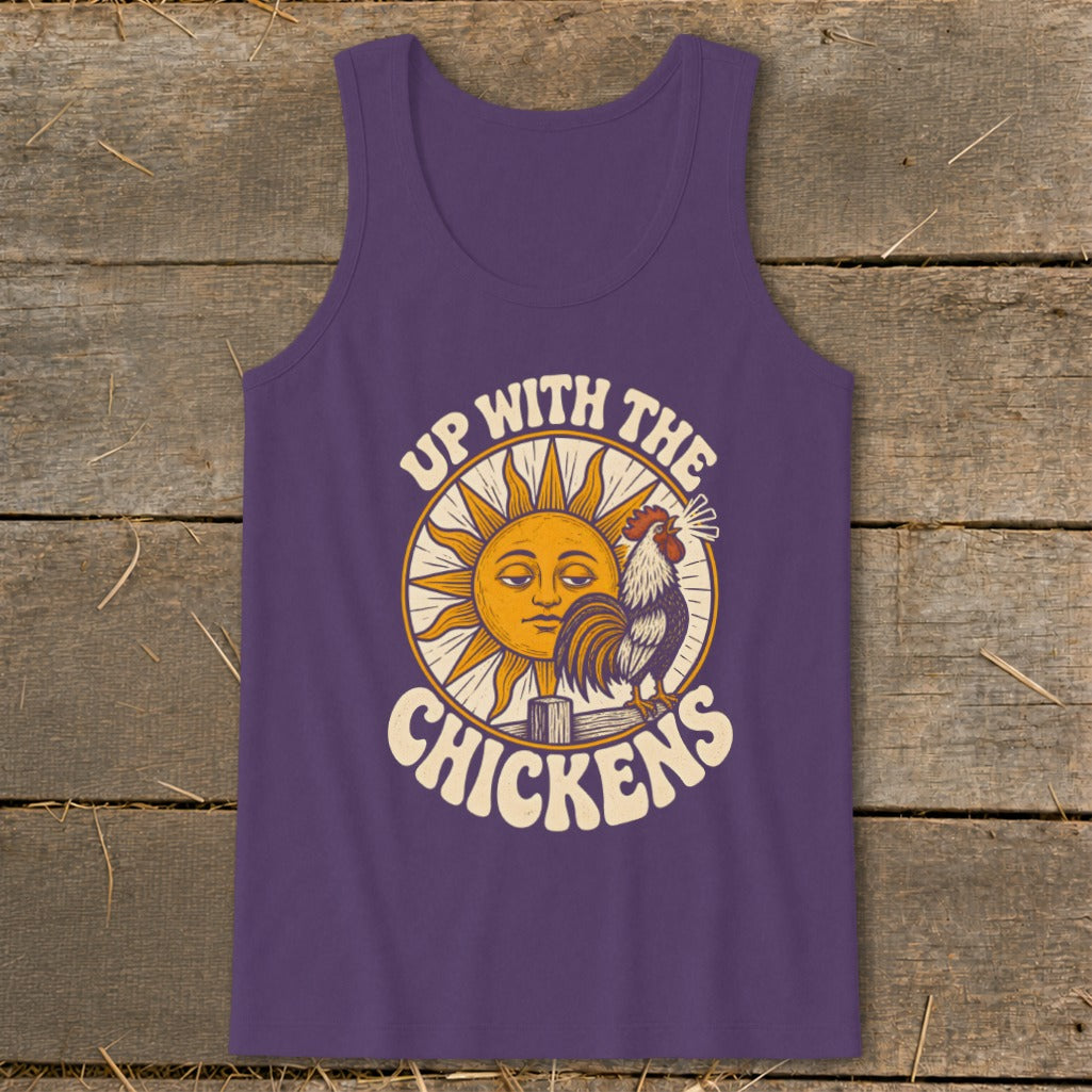 A purple tank top featuring a graphic of a rooster and a sun, with the text Up With The Chickens.