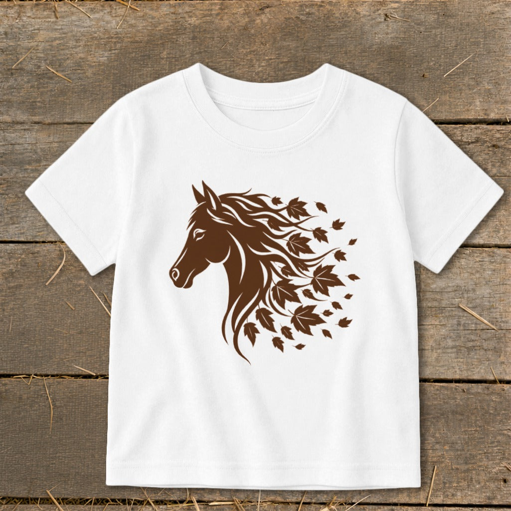 White t-shirt with brown horse head graphic and falling leaves.