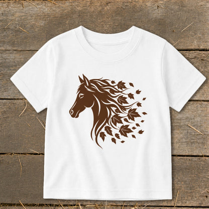 White t-shirt with brown horse head graphic and falling leaves.