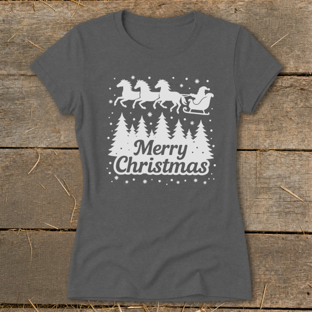 Dark gray t-shirt with white Christmas trees, Santa's sleigh pulled by horses, and "Merry Christmas" text.