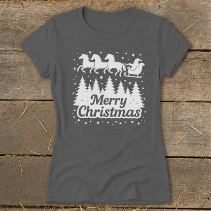 Dark gray t-shirt with white Christmas trees, Santa's sleigh pulled by horses, and "Merry Christmas" text.