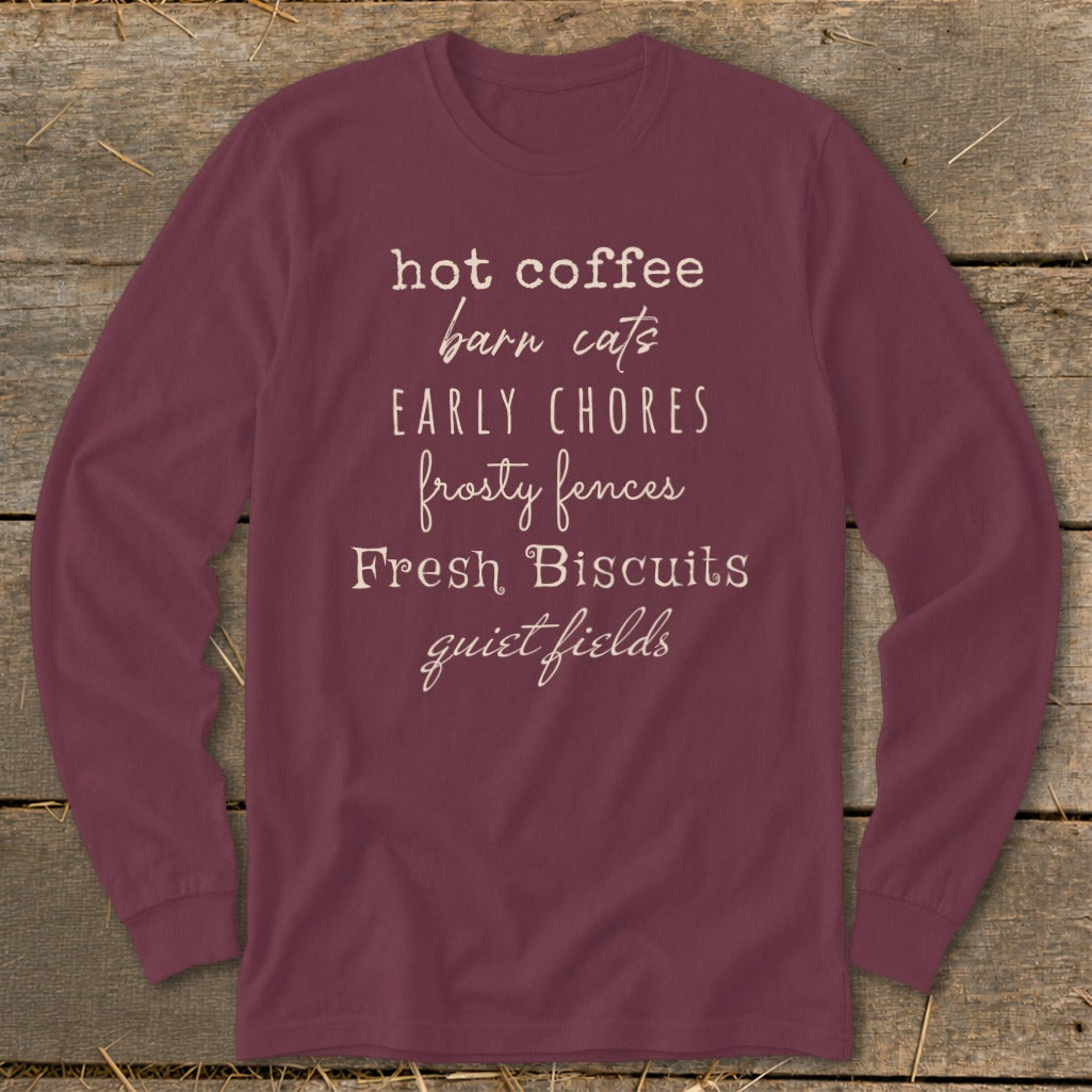 Maroon long sleeve shirt with text listing farm-related phrases.