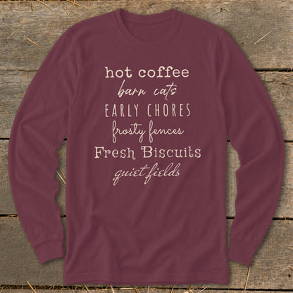 Maroon long sleeve shirt with text listing farm-related phrases.