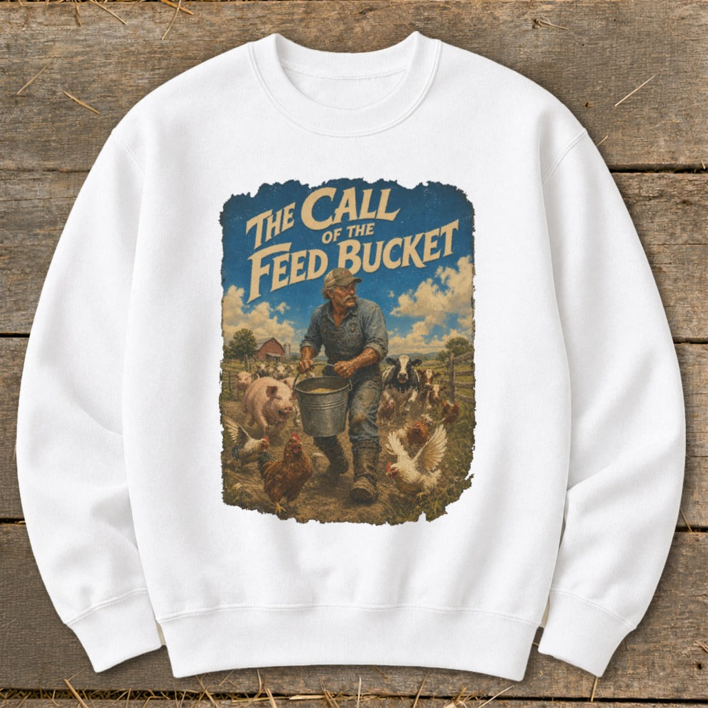 Graphic of a farmer with a feed bucket surrounded by farm animals.