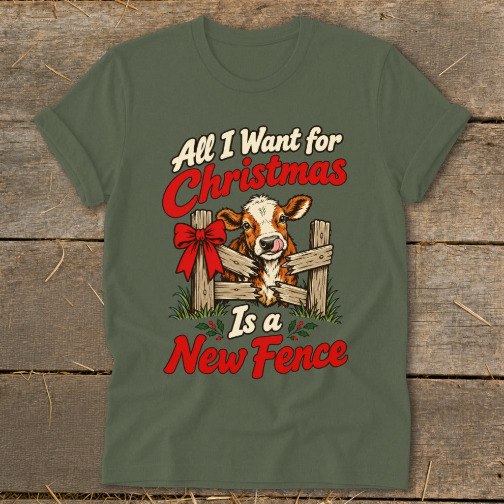 All I Want for Christmas Is a New Fence graphic with a cow behind a fence.