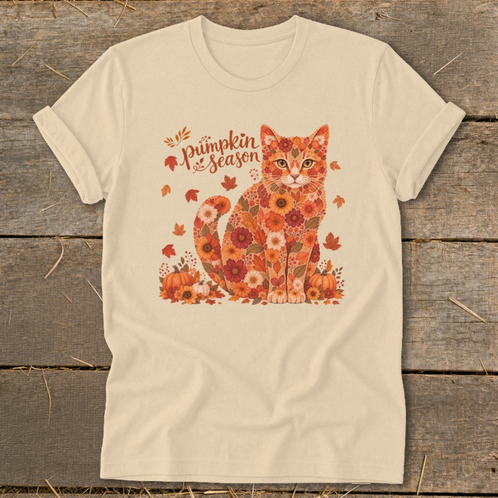 Cat adorned with floral patterns and leaves, with "Pumpkin Season" text.