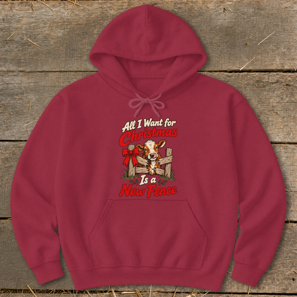 Maroon hoodie with graphic: "All I Want for Christmas Is a New Fence" and a cow.