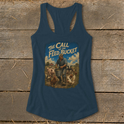 Farm scene with man feeding animals, text "The Call of the Feed Bucket".