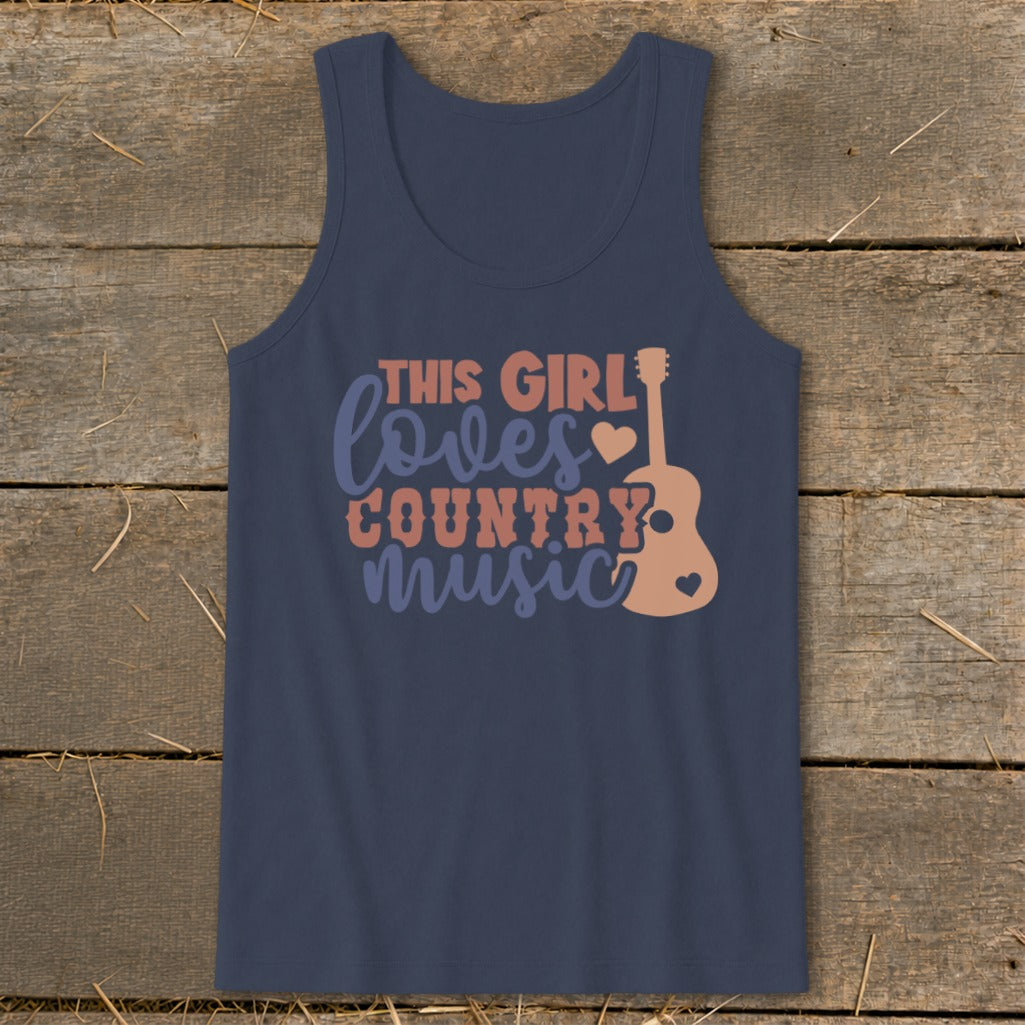 Navy tank top with "This Girl Loves Country Music" text and guitar graphic.