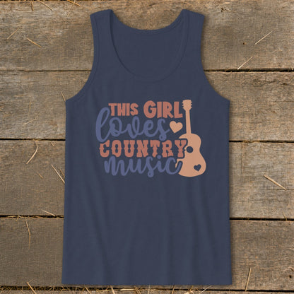 Navy tank top with "This Girl Loves Country Music" text and guitar graphic.