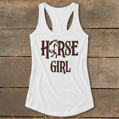 White tank top with brown "Horse Girl" text and a horse silhouette.