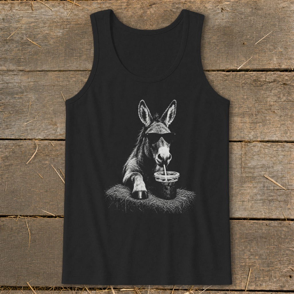 Black tank top with a graphic of a donkey wearing sunglasses drinking from a cup.