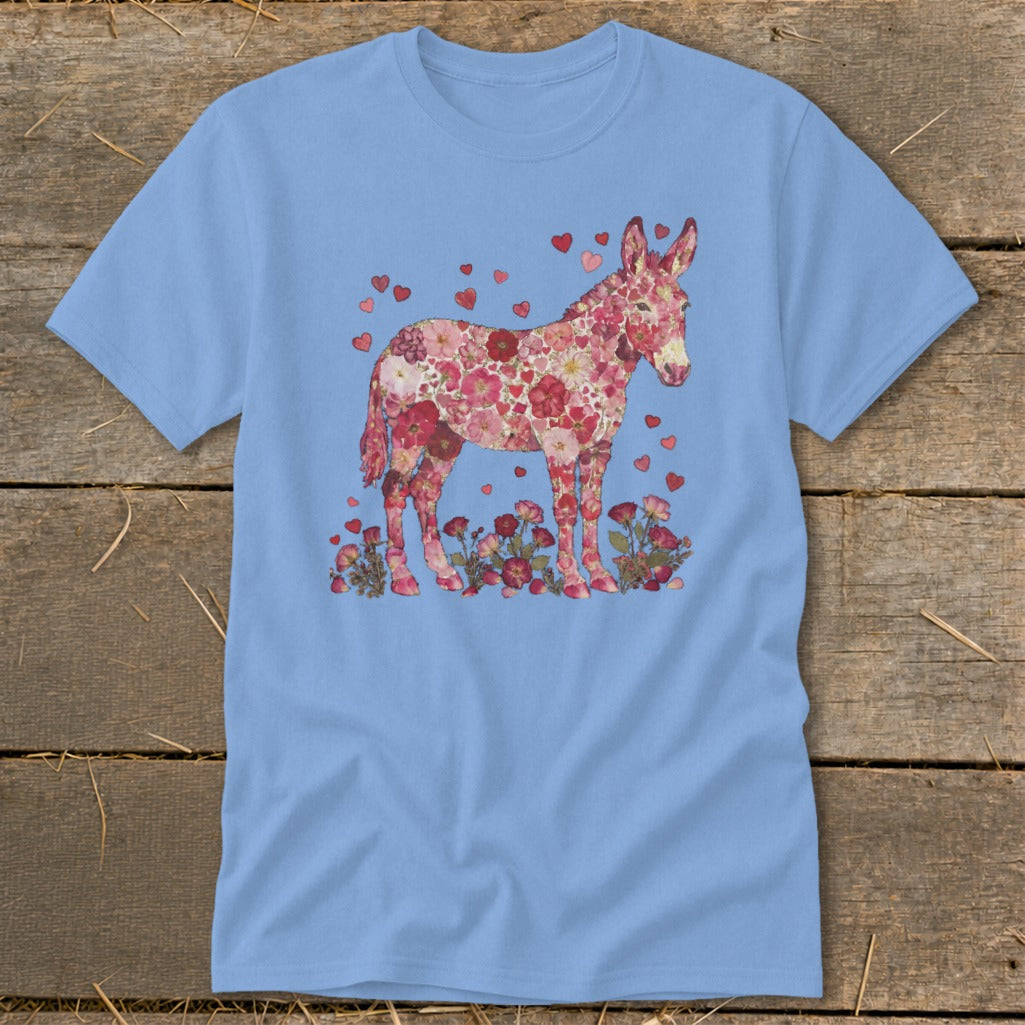 Light blue t-shirt with a floral donkey surrounded by flowers and hearts.