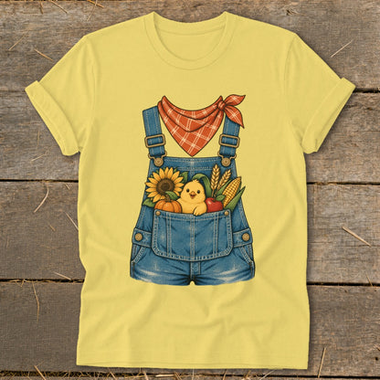 Yellow t-shirt with denim overalls graphic featuring a chick and harvest items.