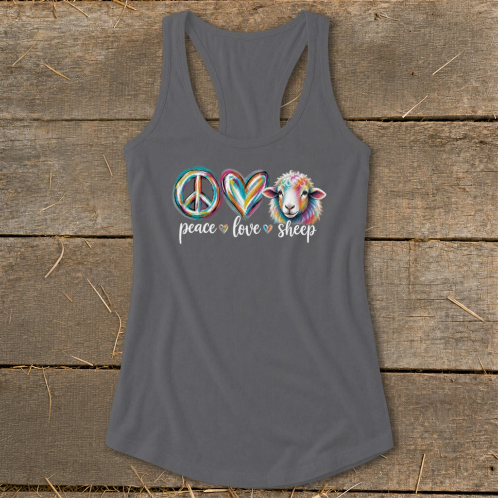 Gray tank top with a peace sign, heart, and sheep graphic.