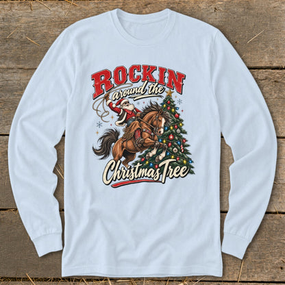 Santa rides a horse by a Christmas tree, text reads "Rockin' around the Christmas Tree".