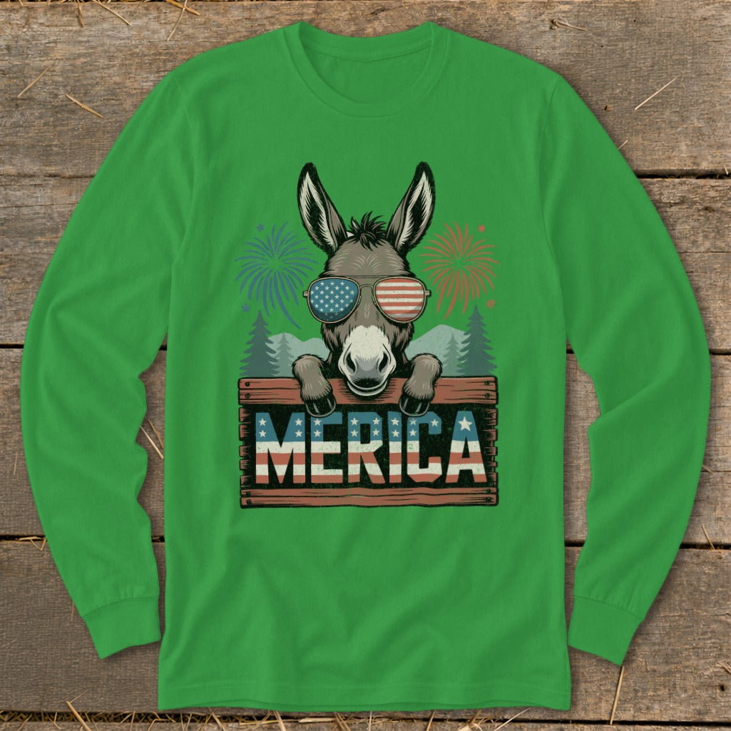 Donkey wearing American flag sunglasses holds wooden sign that says "MERICA".