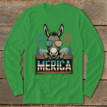 Donkey wearing American flag sunglasses holds wooden sign that says "MERICA".