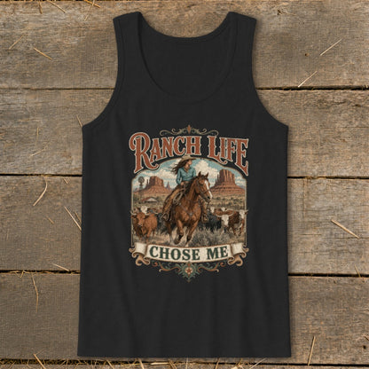 Black tank top with "Ranch Life Chose Me" graphic of woman on horse with cattle.
