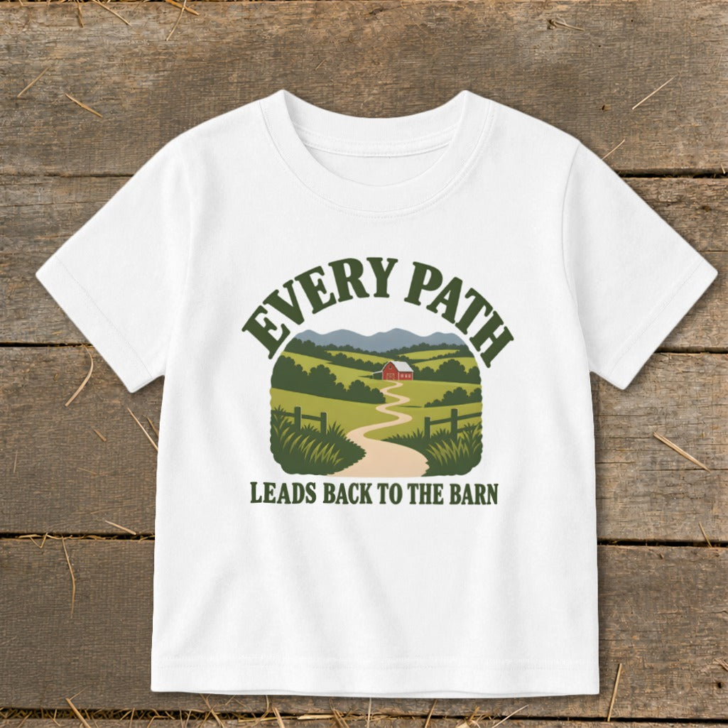White t-shirt with "Every Path Leads Back to the Barn" text and farm scene.