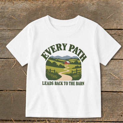 White t-shirt with "Every Path Leads Back to the Barn" text and farm scene.