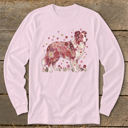 Pink long-sleeve shirt with a dog illustration made of flowers and hearts.