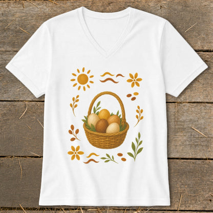 White t-shirt with a wicker basket of Easter eggs surrounded by decorative leaves, flowers, and suns.