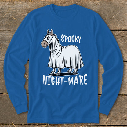 Horse wearing a ghost costume with text "Spooky Night-mare".