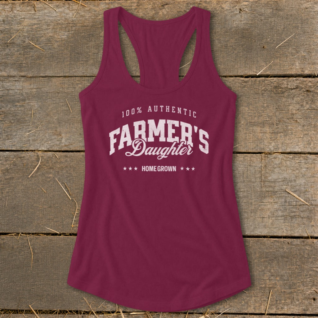 Maroon racerback tank top with "100% Authentic Farmer's Daughter Home Grown" text.