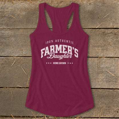 Maroon racerback tank top with "100% Authentic Farmer's Daughter Home Grown" text.