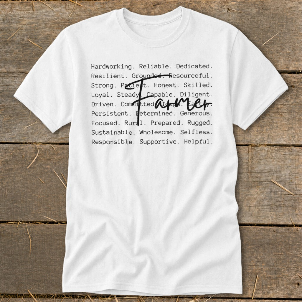White t-shirt with list of adjectives and the word Farmer crossed out.