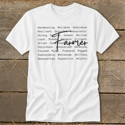 White t-shirt with list of adjectives and the word Farmer crossed out.