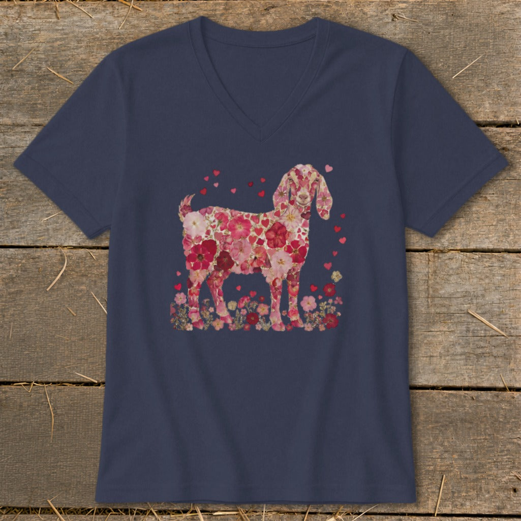 Navy t-shirt with a goat illustration made of pink and red flowers and hearts.