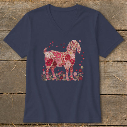 Navy t-shirt with a goat illustration made of pink and red flowers and hearts.