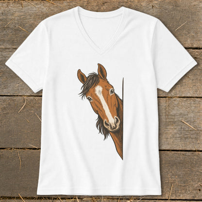 White v-neck t-shirt with a brown horse peeking from the side.