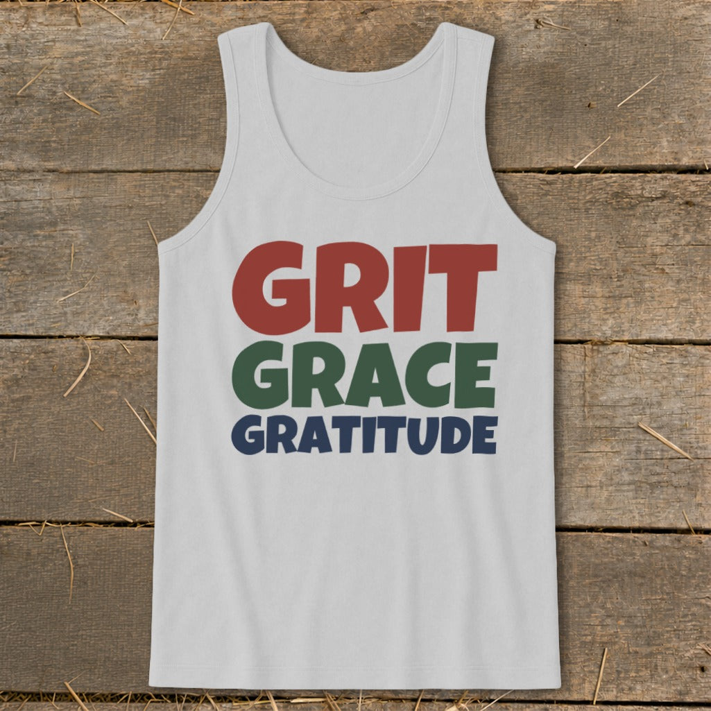Light gray tank top featuring the stacked text GRIT, GRACE, GRATITUDE in red, green, and blue.