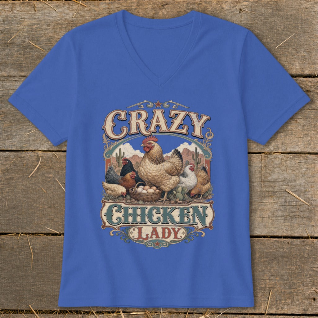 Blue t-shirt with "Crazy Chicken Lady" graphic featuring chickens and eggs.
