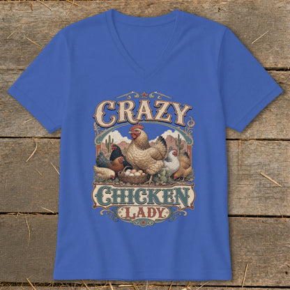 Blue t-shirt with "Crazy Chicken Lady" graphic featuring chickens and eggs.