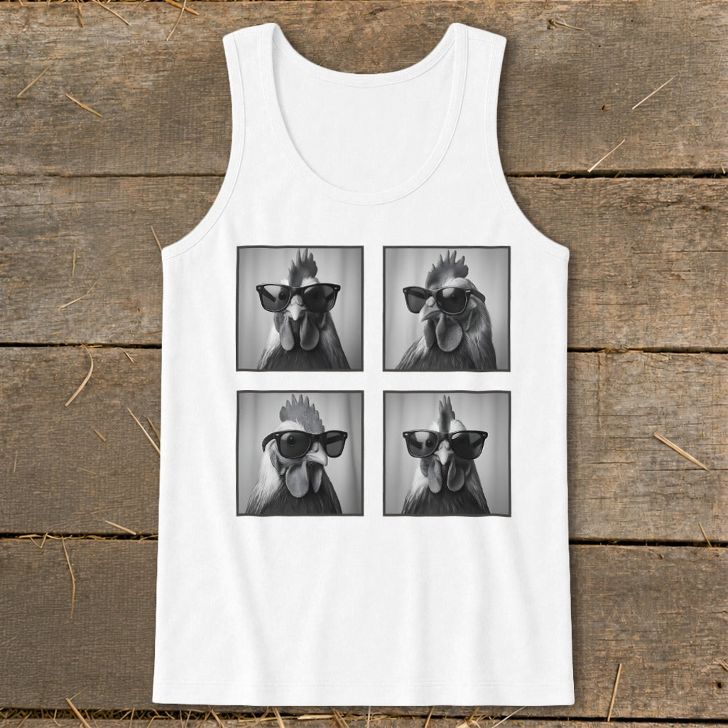White tank top featuring four black and white portraits of roosters wearing sunglasses.