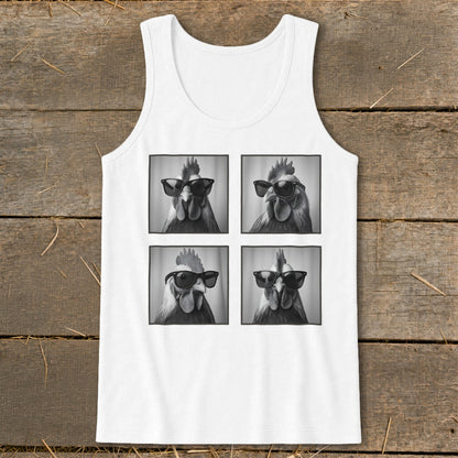 White tank top featuring four black and white portraits of roosters wearing sunglasses.