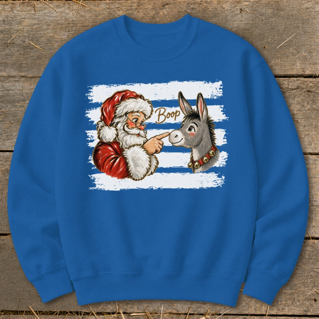 Santa booping a donkey's nose, with the word "Boop" above.