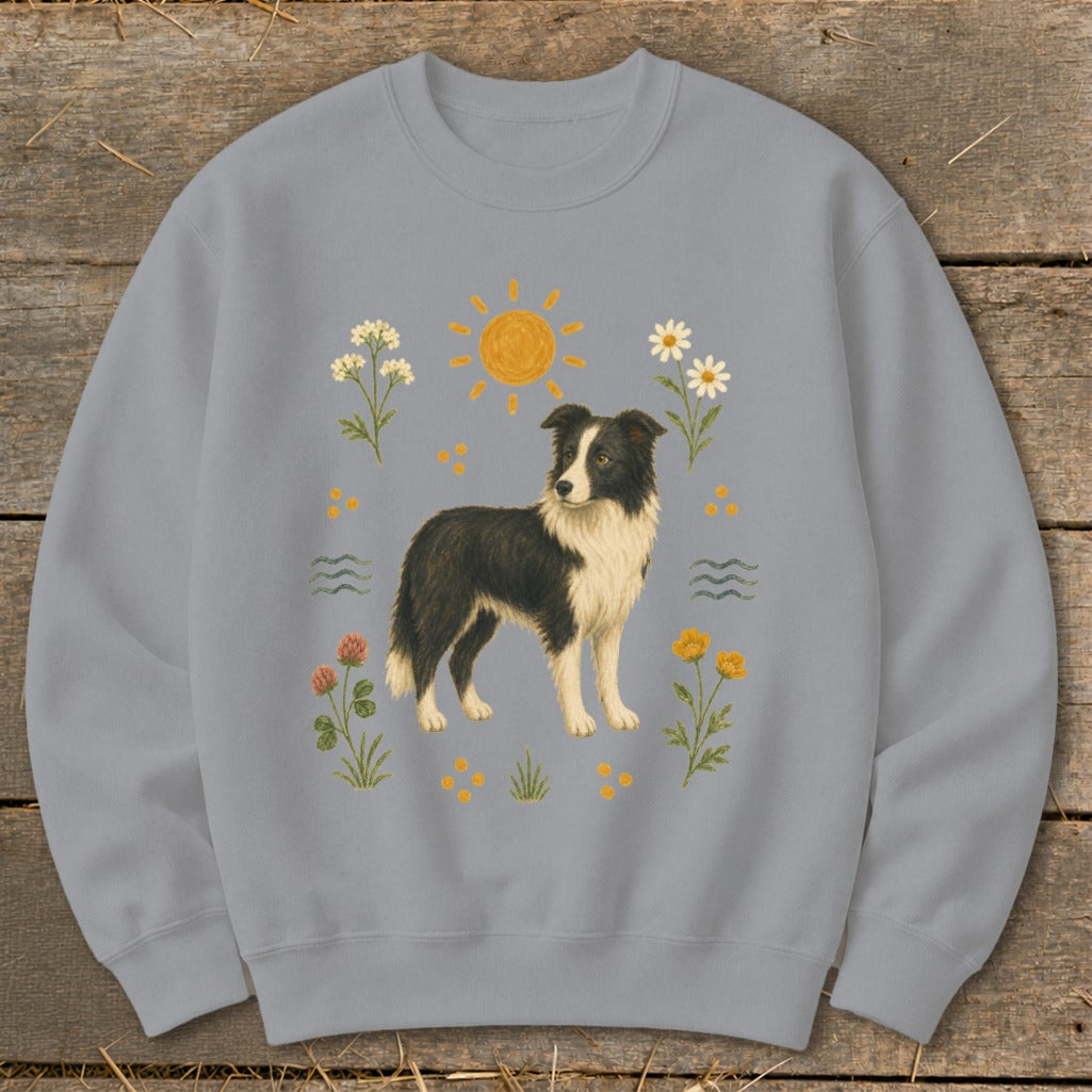 Light blue sweatshirt with a Border Collie illustration and floral elements.