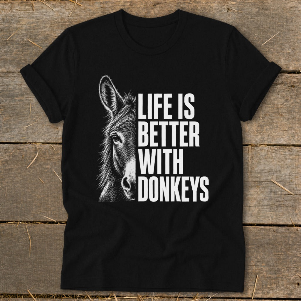 Black t-shirt with donkey illustration and text "Life is Better With Donkeys".