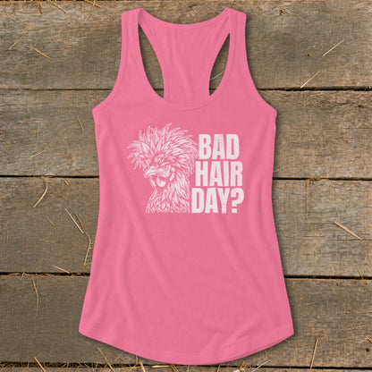 Pink tank top with a crested chicken graphic and text "BAD HAIR DAY?"