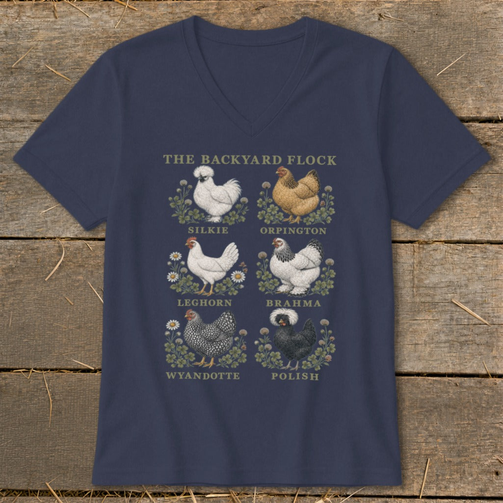 The Backyard Flock t-shirt features six chicken breeds: Silkie, Orpington, Leghorn, Brahma, Wyandotte, and Polish.