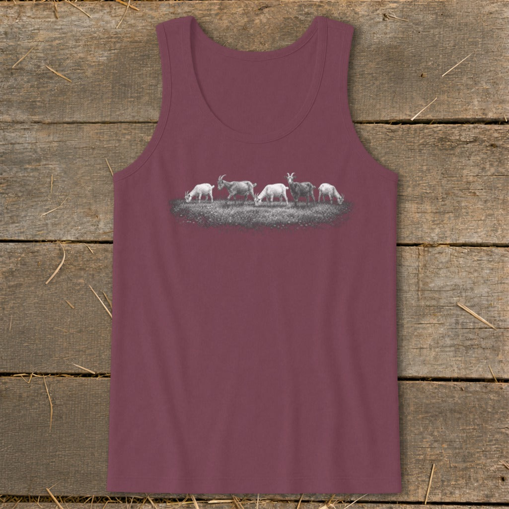 Maroon tank top with a black and white illustration of five goats grazing in grass.