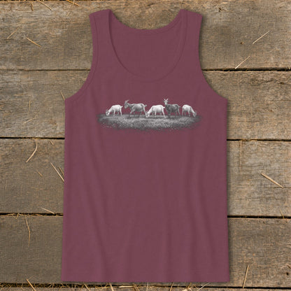 Maroon tank top with a black and white illustration of five goats grazing in grass.