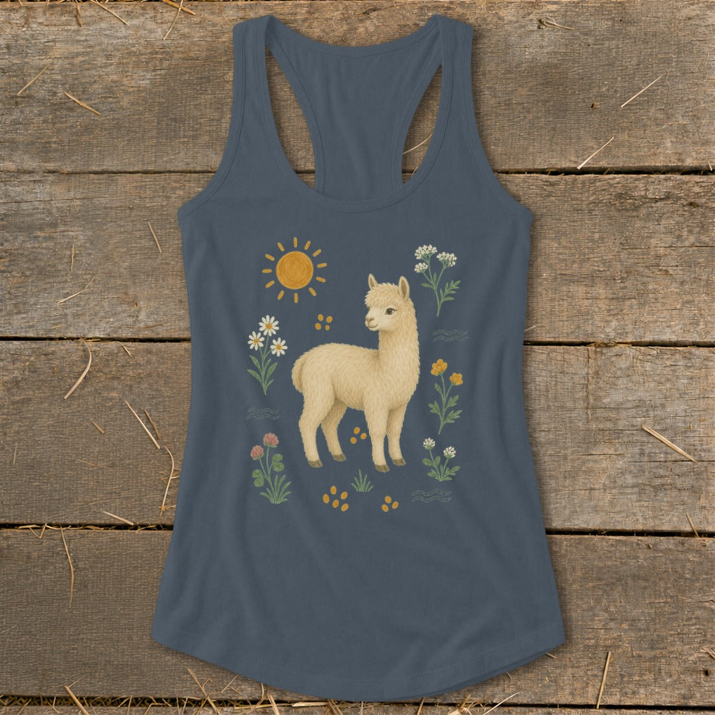 Tank top with a light cream alpaca standing amongst flowers, sun, and waves.