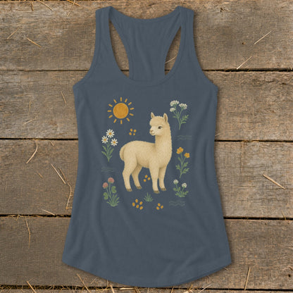 Tank top with a light cream alpaca standing amongst flowers, sun, and waves.