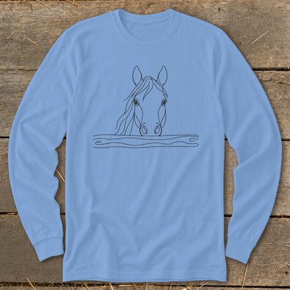 Light blue long-sleeved shirt with a black line drawing of a horse's head emerging from water.